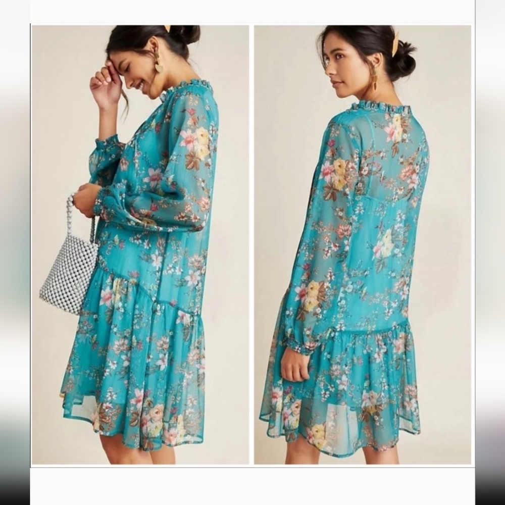 Anthropologie Maeve Green Colorful Floral Boho Puff Sleeve Sheer Shift Midi Sz L